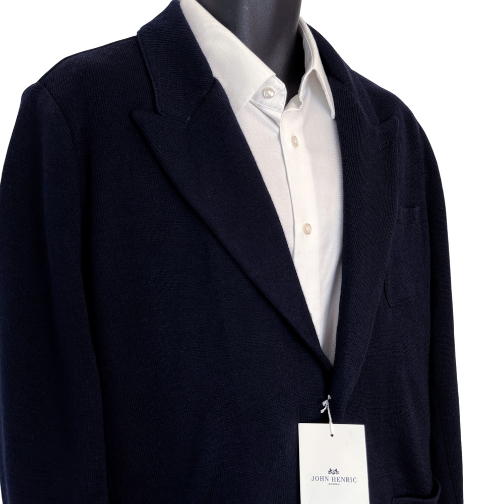 John Henric Knitted Blazer Jacket Mens L Merino Wool Navy Lined Office Event NWT